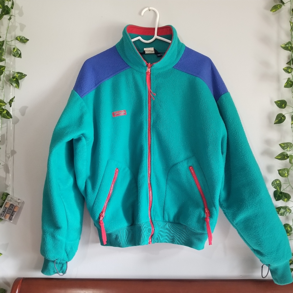 Vtg Columbia 90s Sports Fleece Jacket Full Zip Teal/Turquoise  Mens Lrg …